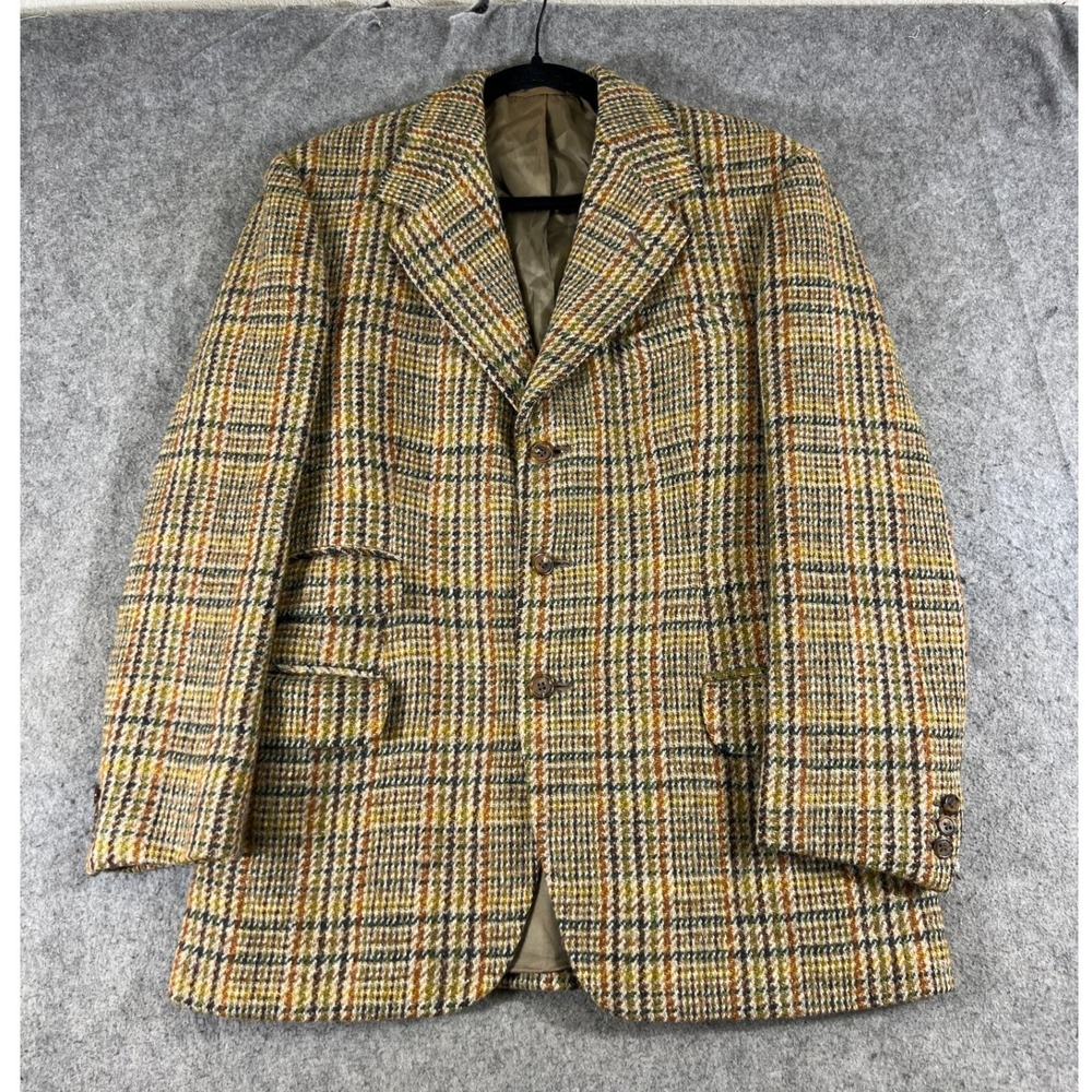 VTG 60s Harris Tweed Blazer Jacket Mens 40 Brown Plaid Lined Workwear Outdoor